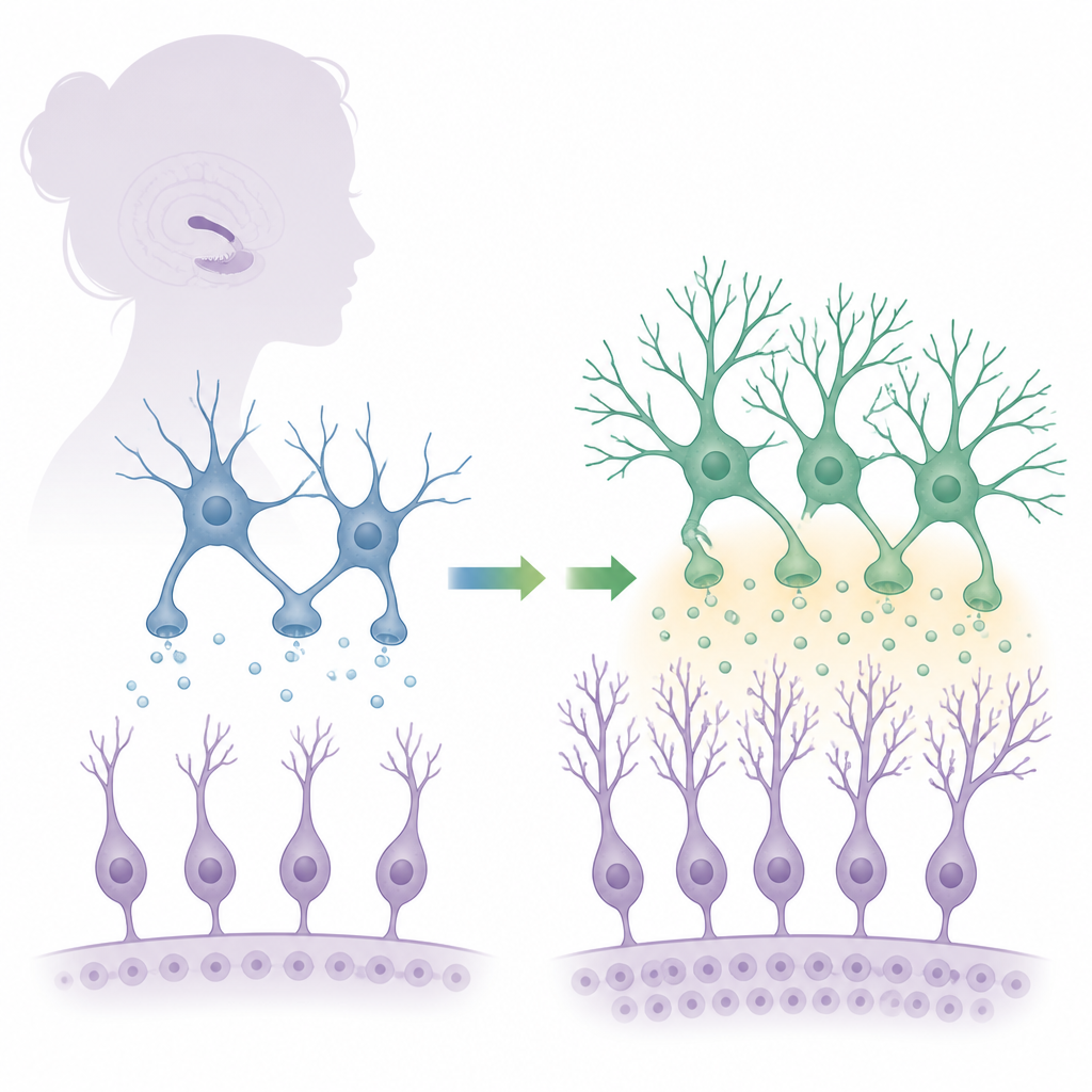 Figure 2. Mossy cells versterken na langdurige behandeling een peptidesignaal naar naburige neuronen, wat circuitgroei en antidepressieve effecten aanstuurt.