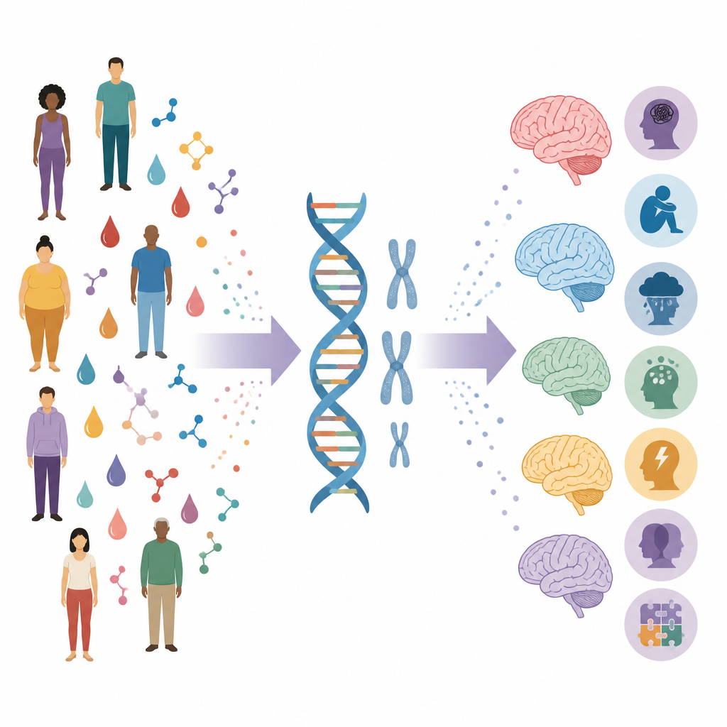 Figure 1. Come i geni che collegano grassi ematici e altri metaboliti sono correlati al rischio di diverse condizioni di salute mentale