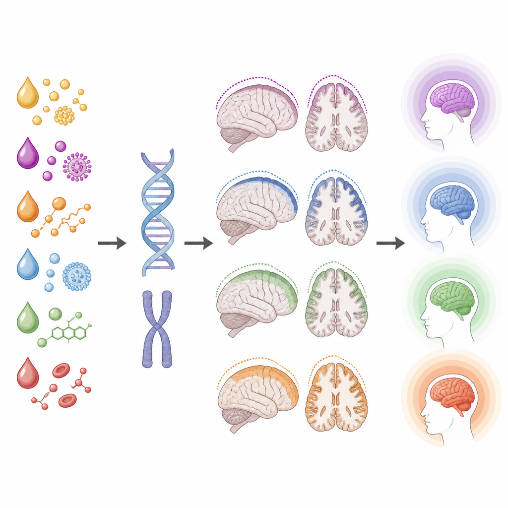 Figure 2. Come specifici lipidi nel sangue si collegano, tramite i geni, a cambiamenti della struttura cerebrale e a un rischio modificato per disturbi mentali