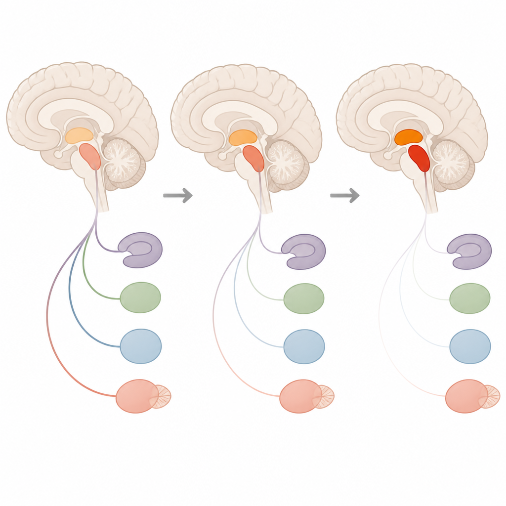 Figure 2. Une activité mésencéphalique accrue liée à une diminution des connexions avec les centres de l’émotion et de la motivation chez des mères rétablies.