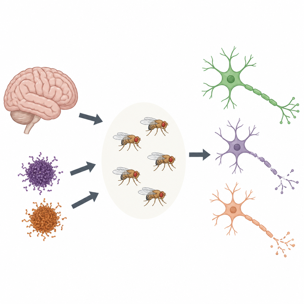 Figure 1. Zehirli proteinlerin ve beynin yaşlanmasının sinir hücrelerine zarar veren veya koruyan gen değişimlerine nasıl yol açtığı.