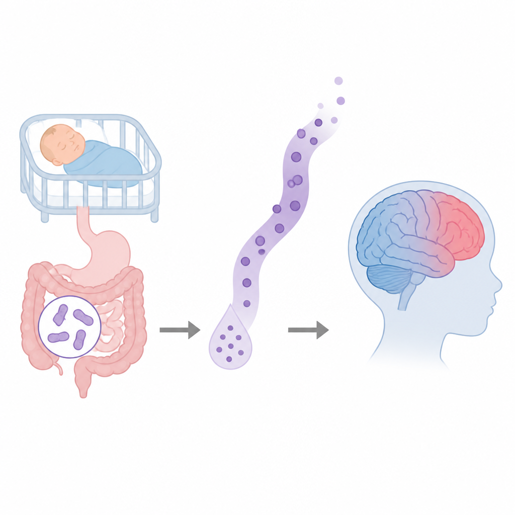 Figure 1. Wie Darmbakterien und ihre Stoffwechselprodukte im Neugeborenenalter das spätere ADHD-Risiko eines Kindes beeinflussen können.