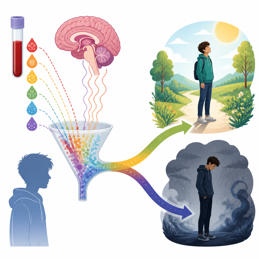 Figure 2. Wie Immun‑Signale, Gehirnreaktionen und Chemie zusammenwirken und einen Jugendlichen stärker oder weniger stark in Richtung Depressionsrisiko lenken.