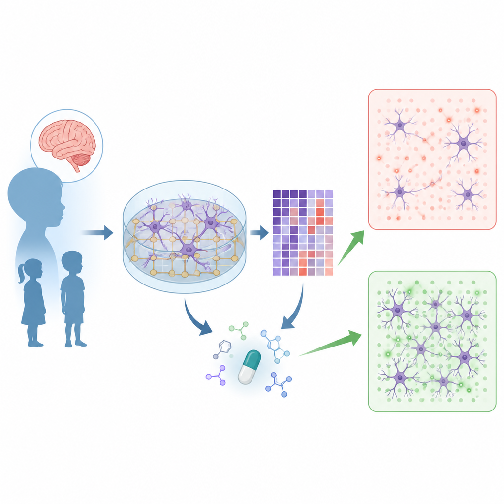 Figure 1. Comment des neurones dérivés de patients et des profils géniques révèlent des moyens de réparer la communication entre cellules cérébrales dans une maladie rare