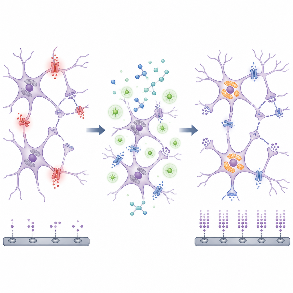 Figure 2. Comment des canaux défaillants et une énergie cellulaire affaiblie perturbent les sursauts neuronaux et comment un composé aide à restaurer le rythme et les connexions
