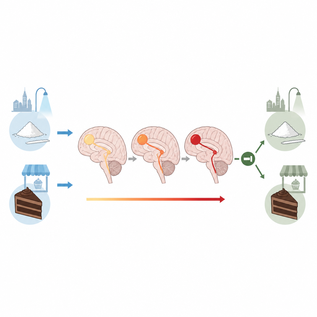 Figure 1. Hoe een klein frontaal hersengebied signalen koppelt aan sterkere cocaine- en suikerverlangens over weken, en hoe het blokkeren ervan deze drang dempt