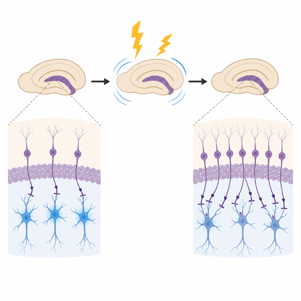 Figure 2. I neuroni giovani dell’ippocampo potenziati dagli shock inattivano direttamente i neuroni più vecchi, portando a un circuito cerebrale più tranquillo.