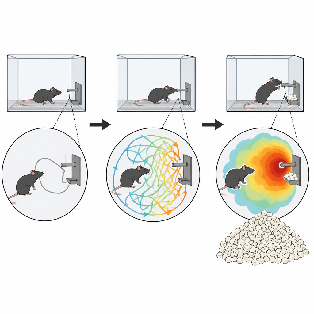 Figure 2. Un crescente e irrequieto concentrarsi vicino alla leva prima dell’accesso conduce passo dopo passo a un aumento dell’assunzione di cocaina nei ratti.