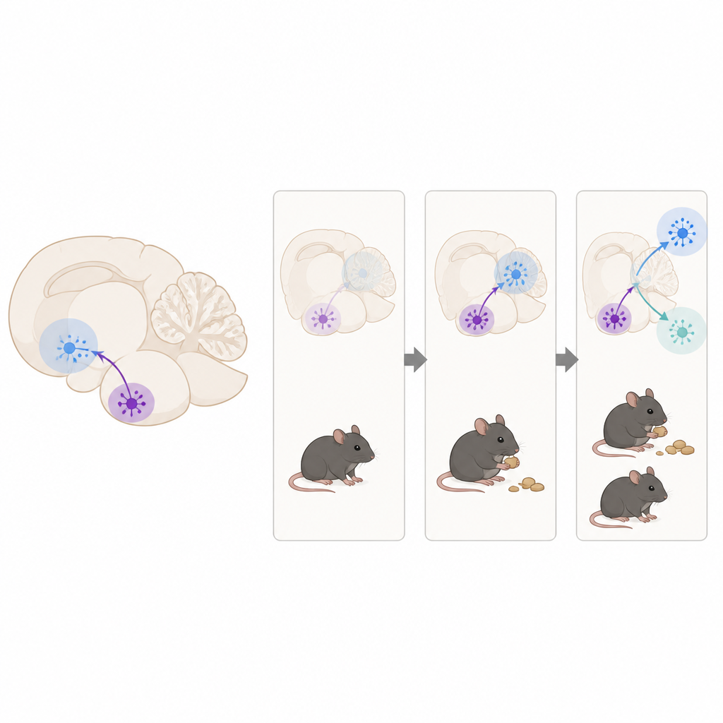 Figure 2. Wie eine Neuronenpopulation Dopaminsignale in einem zentralen Belohnungsknoten während des Lernens über Nahrungsmittel verstärken oder dämpfen kann.