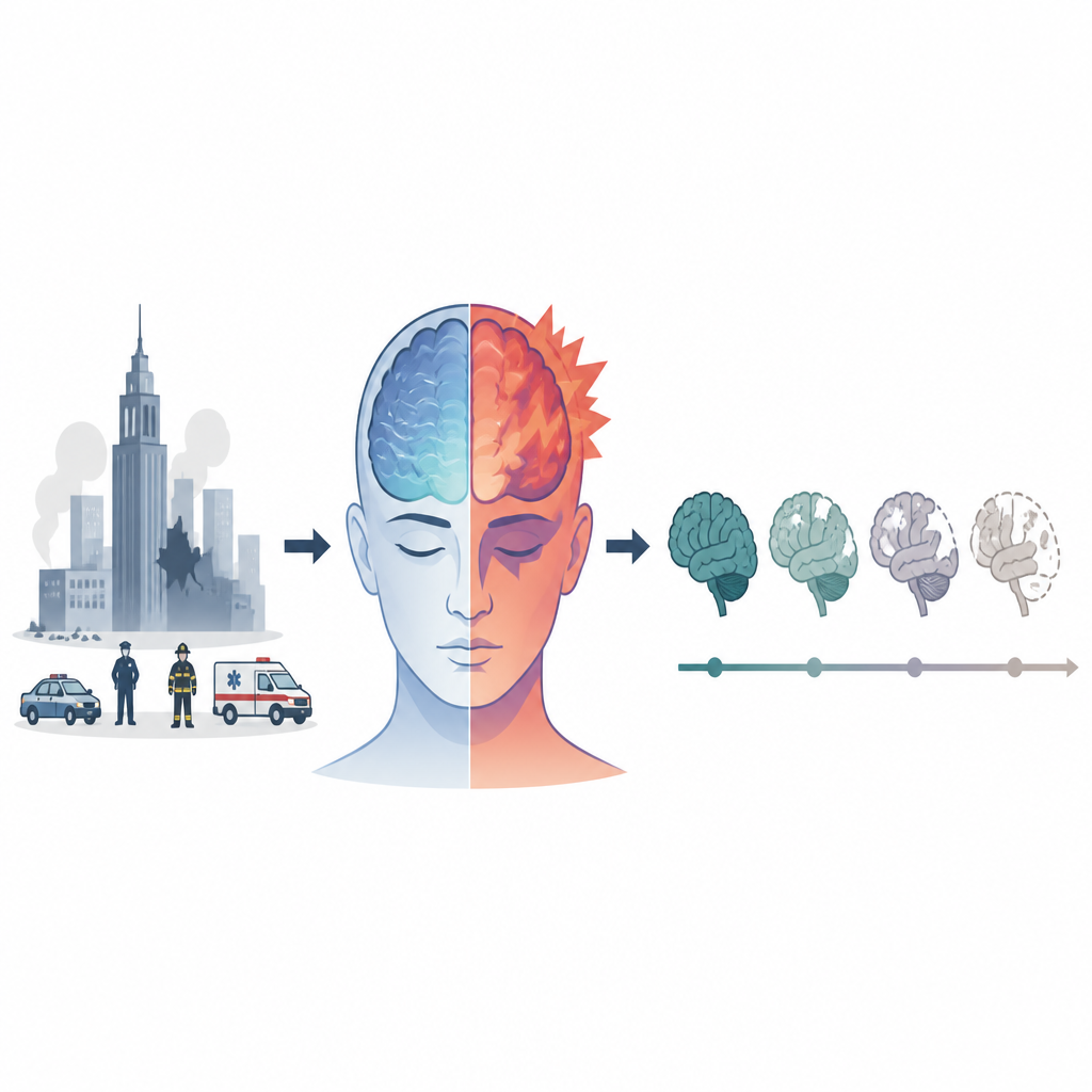 Figure 1. How severe trauma and long term stress reshape brain networks and speed up thinking problems.