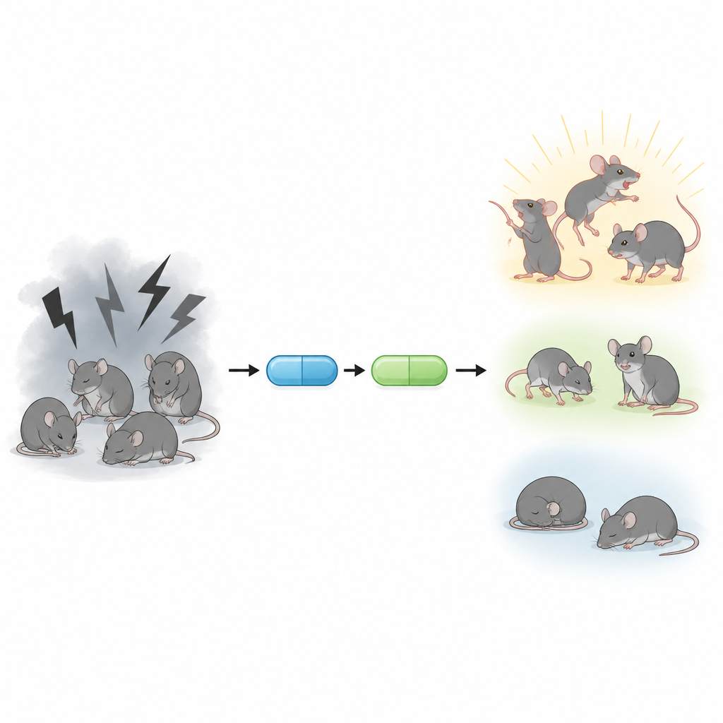 Figure 1. Wie Stress, zwei Antidepressiva und Veränderungen im Gehirn zusammenwirken, um zu bestimmen, wer sich erholt und wer bei Mäusen depressiv bleibt.