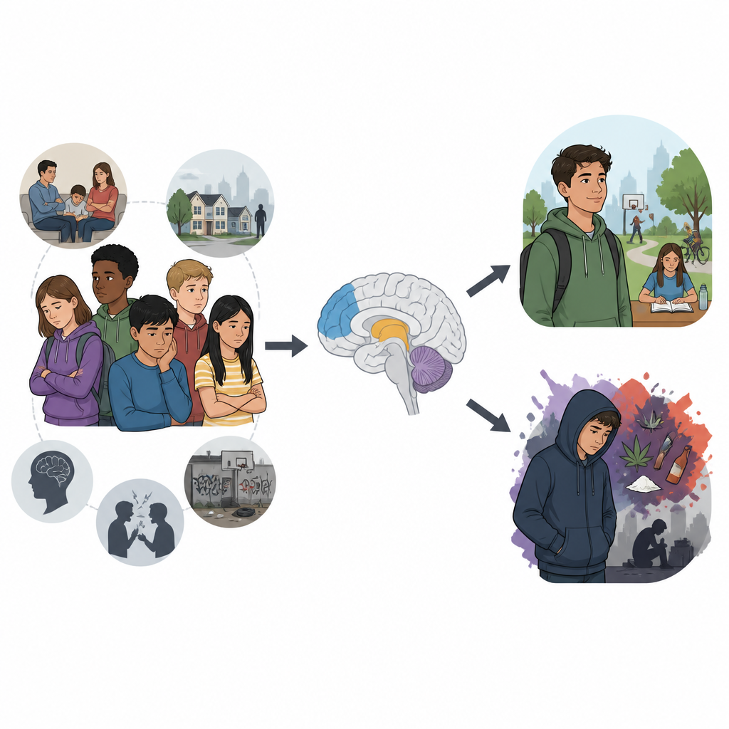 Figure 1. Wie frühkindlicher Kontext und Gehirnmuster bei gefährdeten Kindern mit späterem schädlichem Substanzgebrauch zusammenhängen.