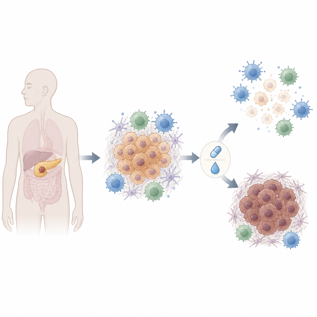 Figure 1. 血液中のタンパク質が、どの膵癌患者が標準化学療法に標的薬を追加して恩恵を受けるかを案内する可能性。