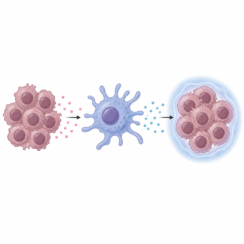 Figure 2. 腫瘍のシグナルが免疫細胞を再プログラムして、膵癌細胞を化学療法から守る因子を分泌させる仕組み。