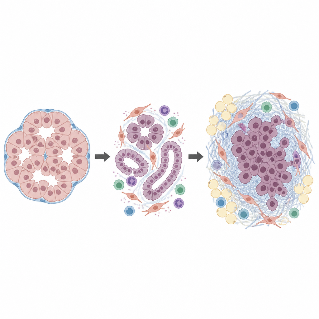 Figure 2. How loss of a fat control switch reshapes pancreatic cells into scar, fat, and aggressive tumor tissue step by step