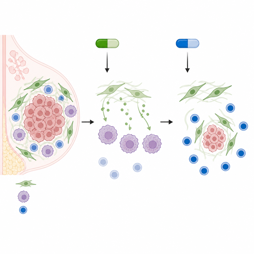 Figure 1. How two targeted drugs reshape tumor and immune cells to better control hormone-driven breast cancer.