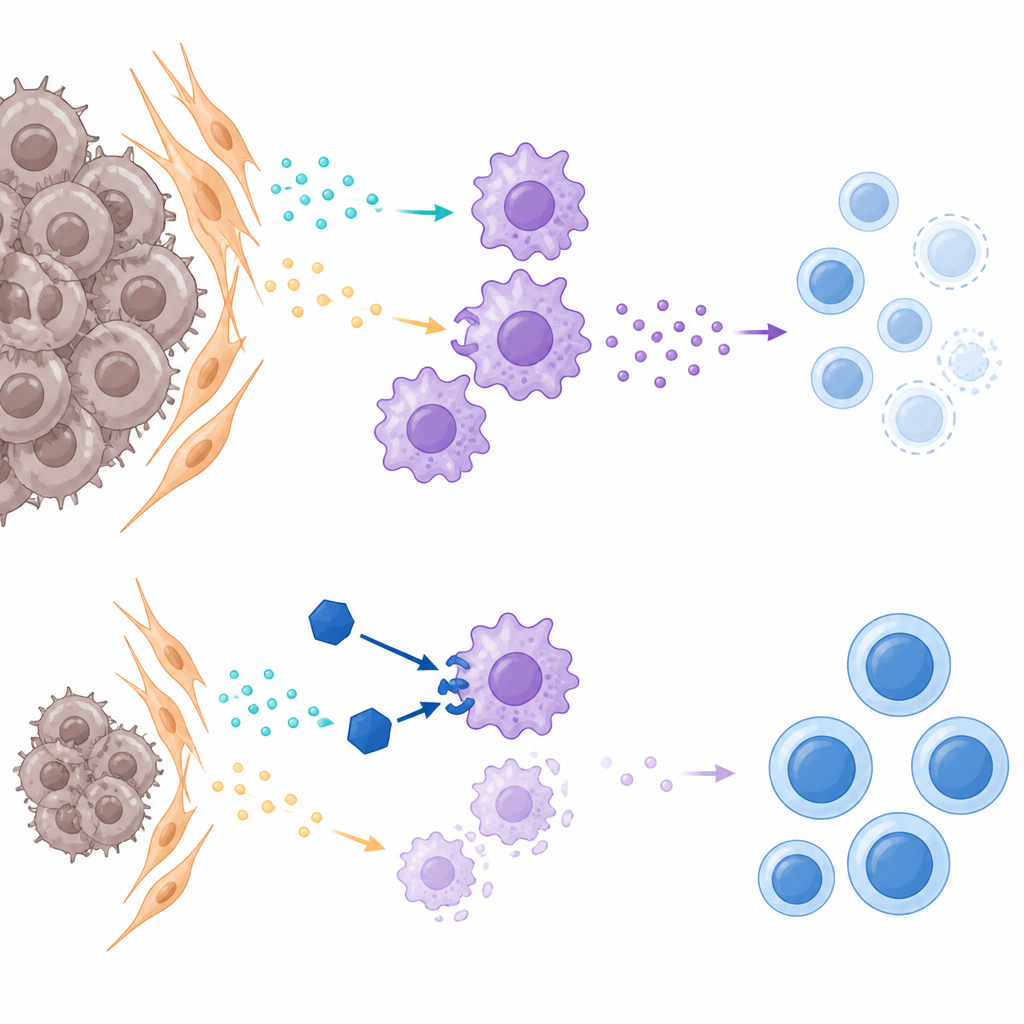Figure 2. How fibroblasts and macrophages drain T cell fuel and how blocking CSF1R restores immune attack on the tumor.