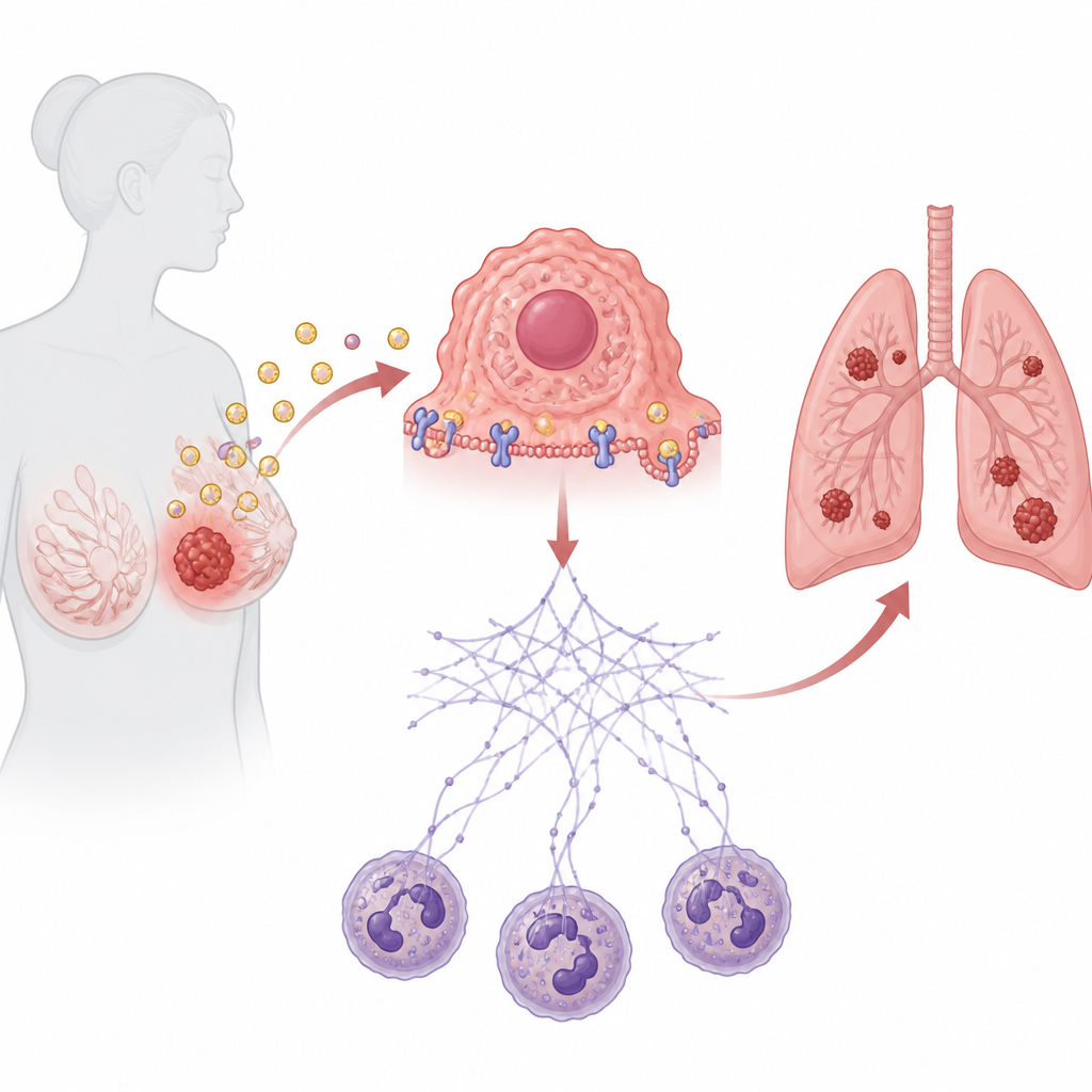 Figure 1. How altered cholesterol use in tumor cells helps triple negative breast cancer spread to the lungs.
