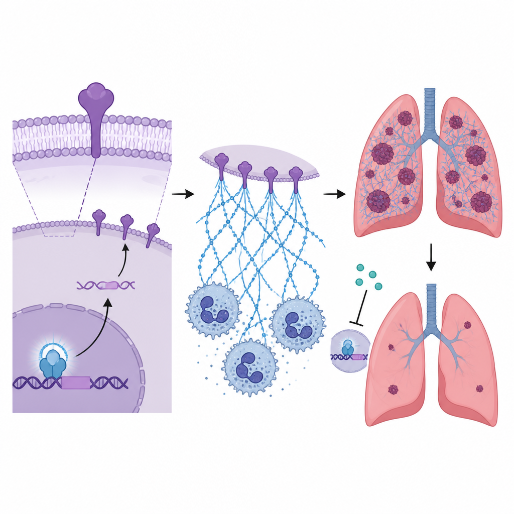 Figure 2. Step by step chain from cholesterol switch to sticky immune nets that help breast cancer cells seed lung metastases.
