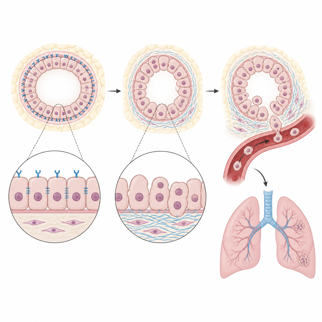 Figure 1. Come una proteina di superficie delle cellule dei dotti mammari aiuta a impedire che i tumori si diffondano ai polmoni.