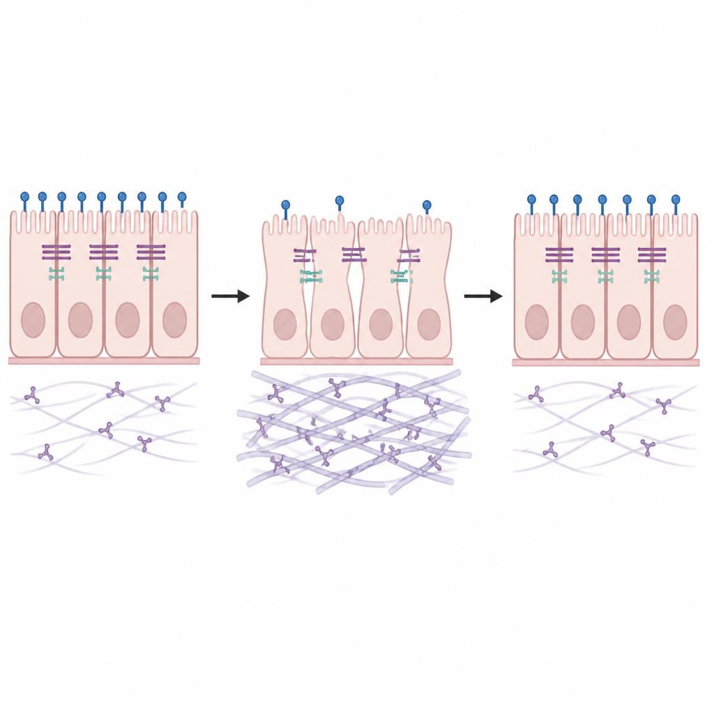 Figure 2. Come le alterazioni di una proteina di superficie e della fibronectina indeboliscono le sigillature cellulari e come il ripristino dell’equilibrio le ripara.