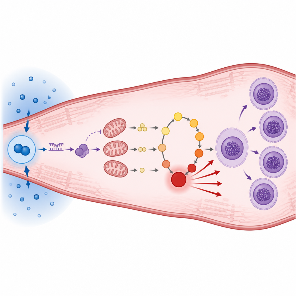 Figure 2. Inside a heart cell, low oxygen rewires mitochondria and metabolism to drive extra DNA copies and multiple nuclei