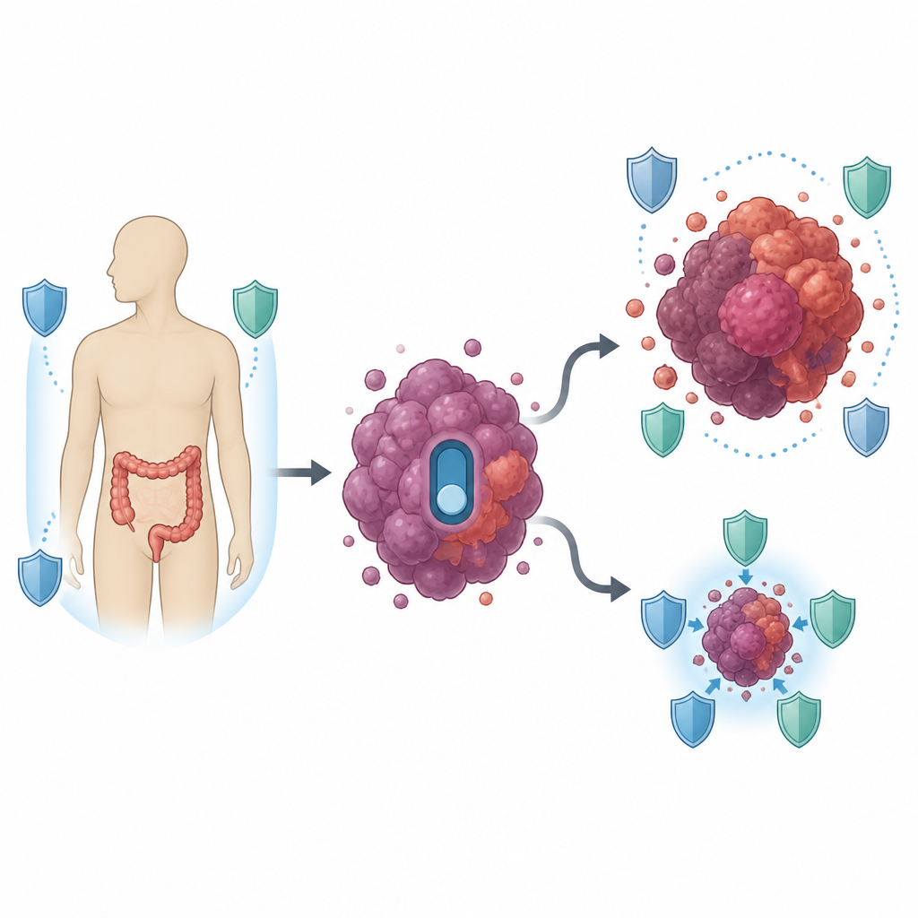 Figure 1. Comment un interrupteur ARN caché dans les tumeurs du côlon leur permet d’échapper à l’attaque immunitaire et influence la réponse à l’immunothérapie