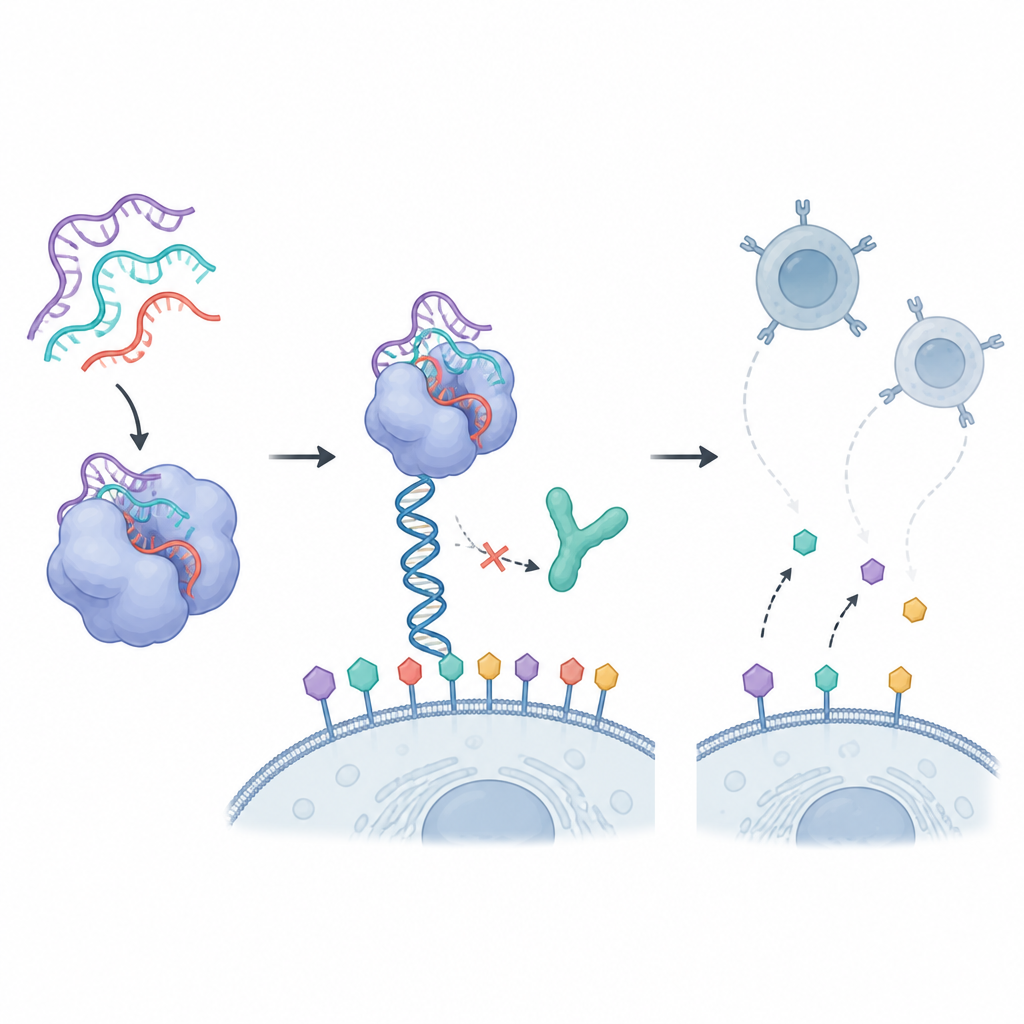Figure 2. Vue pas à pas d’une molécule d’ARN bloquant une enzyme de signalisation et réduisant les signaux de surface qui guident les cellules immunitaires vers les tumeurs