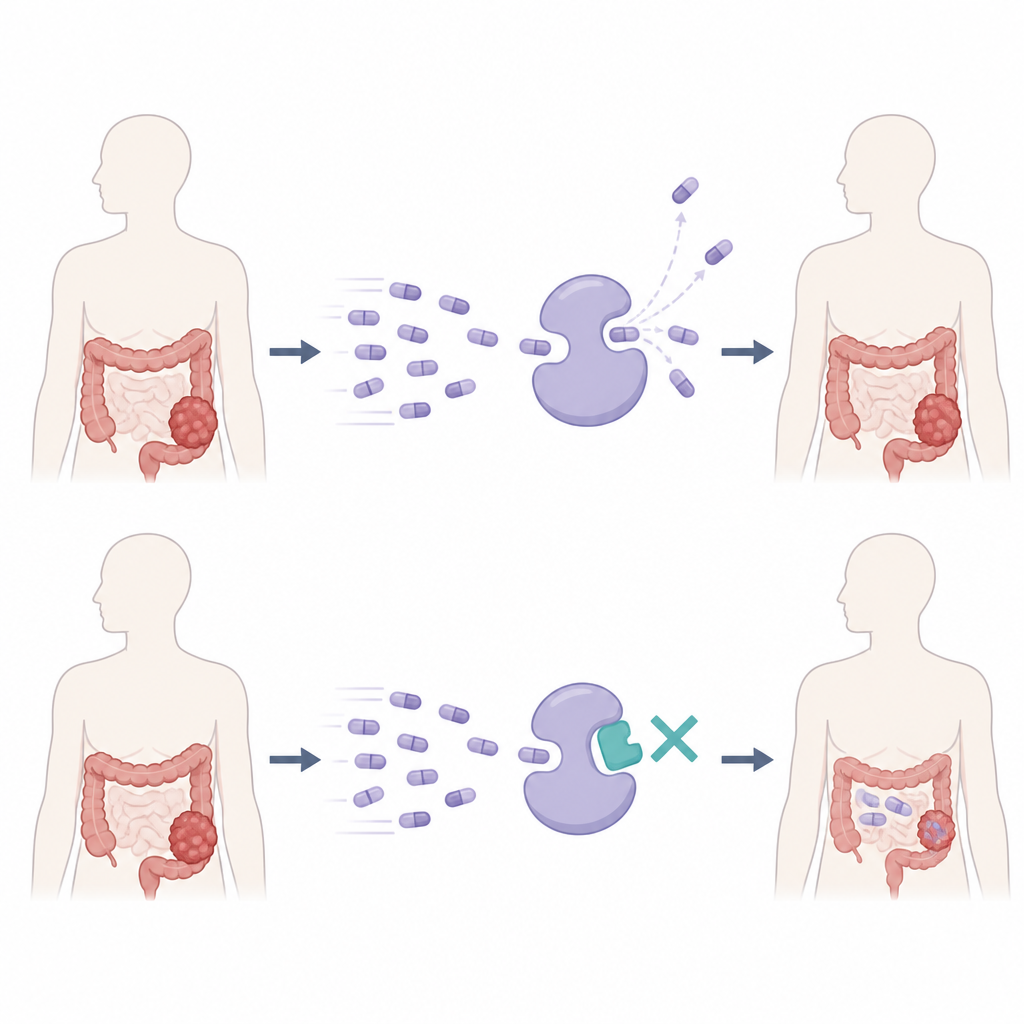 Figure 1. Blocking a gene control enzyme helps a standard colon cancer drug work again on resistant tumors.