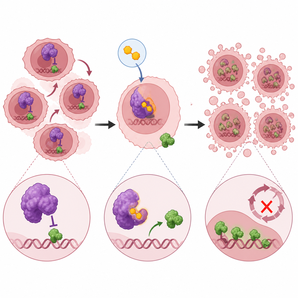 Figure 2. Inhibiting a tumor enzyme frees a brake protein that stops cell division and drives death of resistant cancer cells.