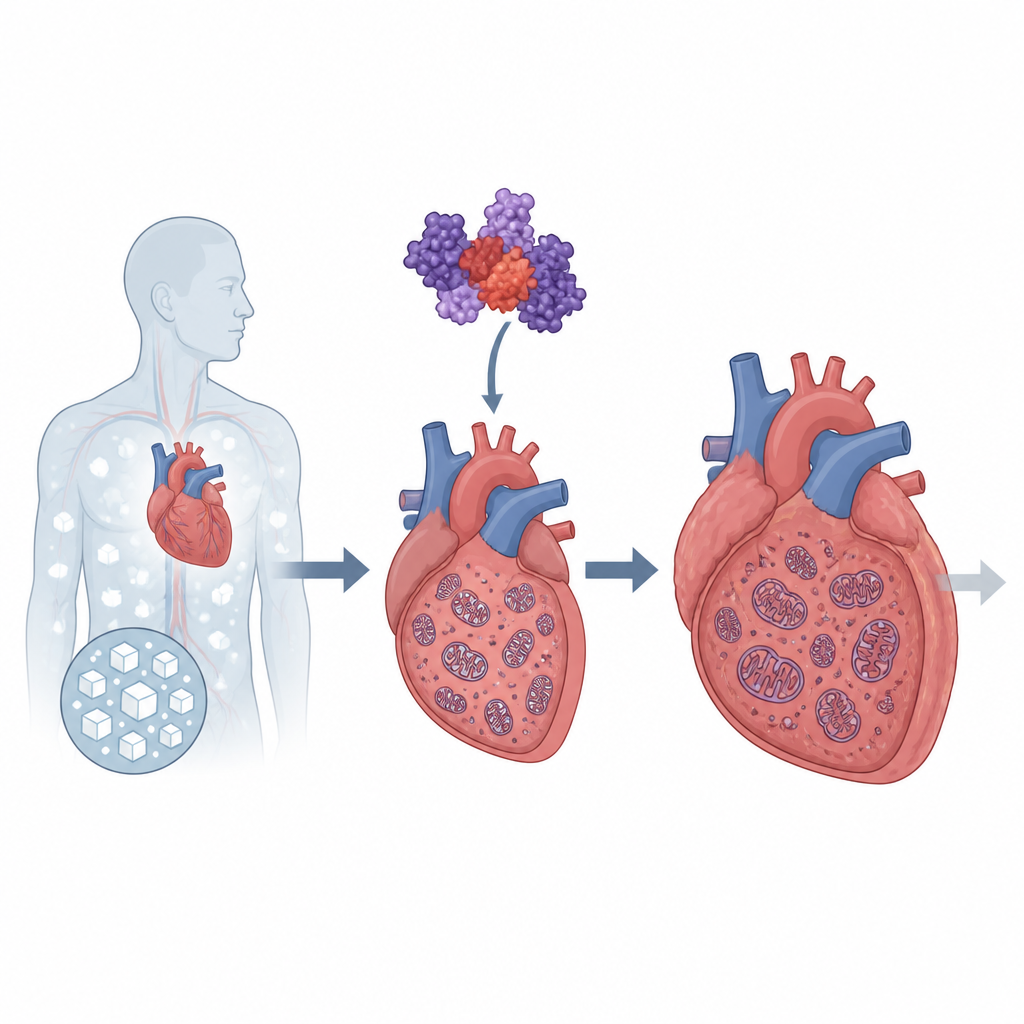 Figure 1. How a diabetes-induced protein change pushes heart cells from healthy pumping to silent heart failure.