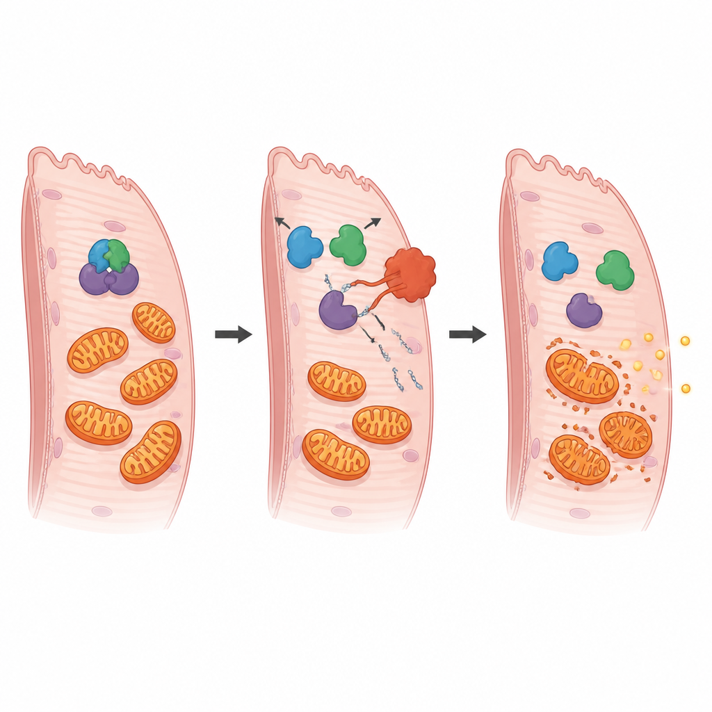 Figure 2. How a single protein tweak breaks the cell’s energy switch and weakens tiny power plants inside heart muscle cells.