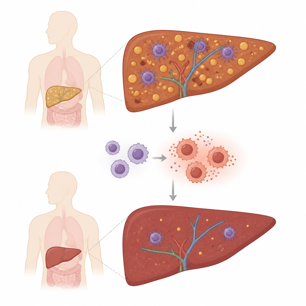 Figure 1. How overactive liver immune cells worsen fatty liver disease and how calming them may protect the organ.