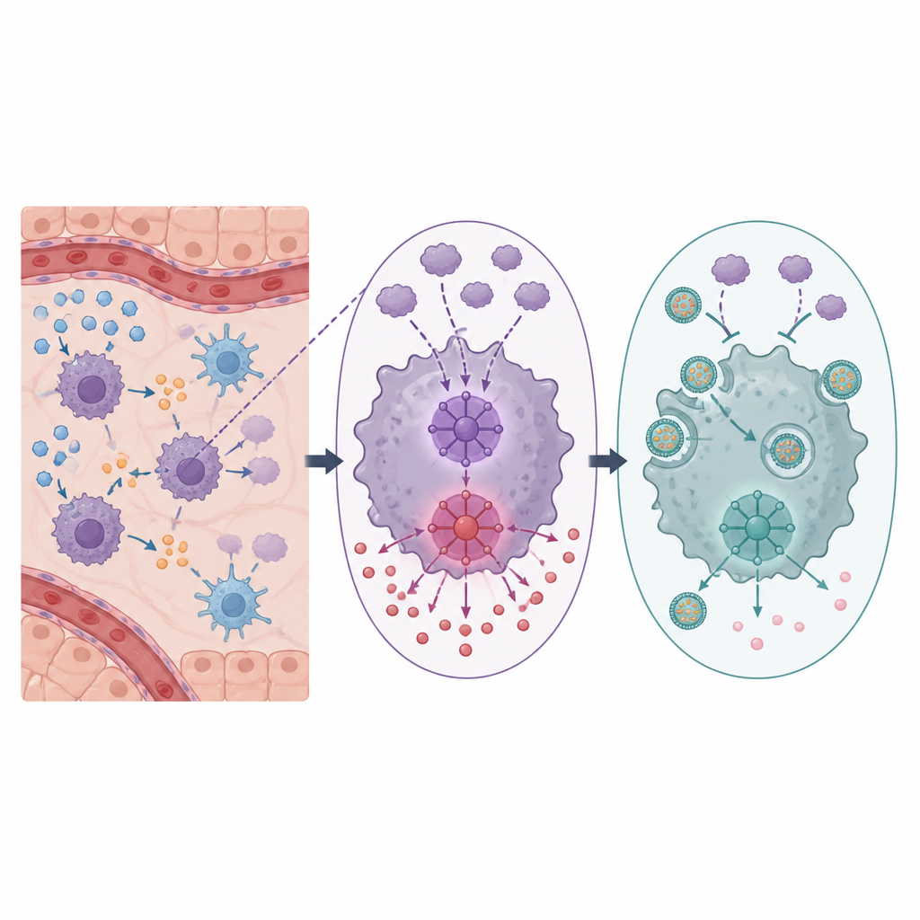 Figure 2. How sugar burning in liver immune cells triggers lasting inflammation and how targeted particles can interrupt this process.