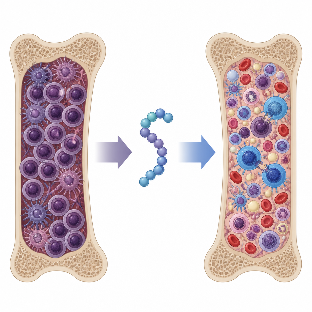 Figure 1. Nieuw peptidemiddel zet het beenmerg om van het ondersteunen van myeloom naar het bevorderen van gezondere bloed- en immuuncellen.