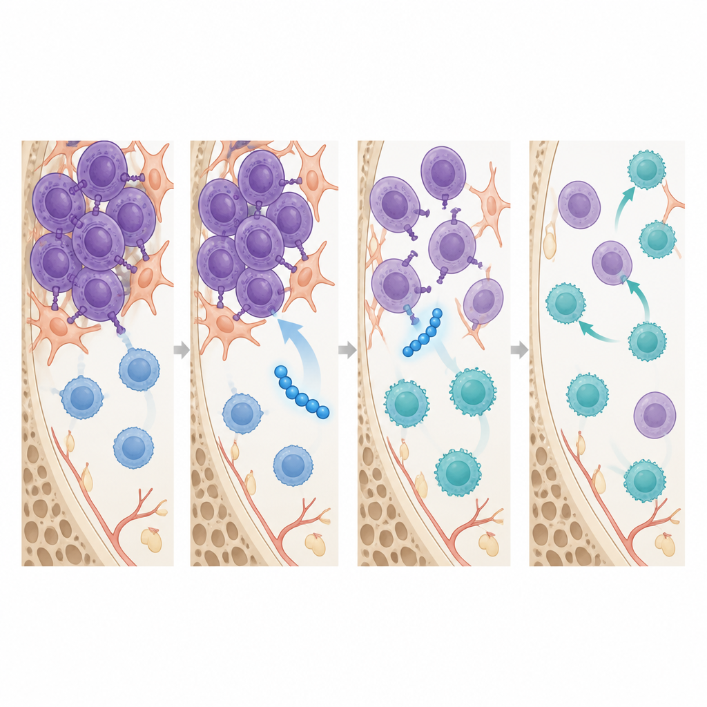 Figure 2. Peptide verbreekt de verbindingen tussen kankercellen en ondersteunende cellen en maakt ruimte voor cytotoxische T-cellen om binnen te komen en myeloom aan te vallen.