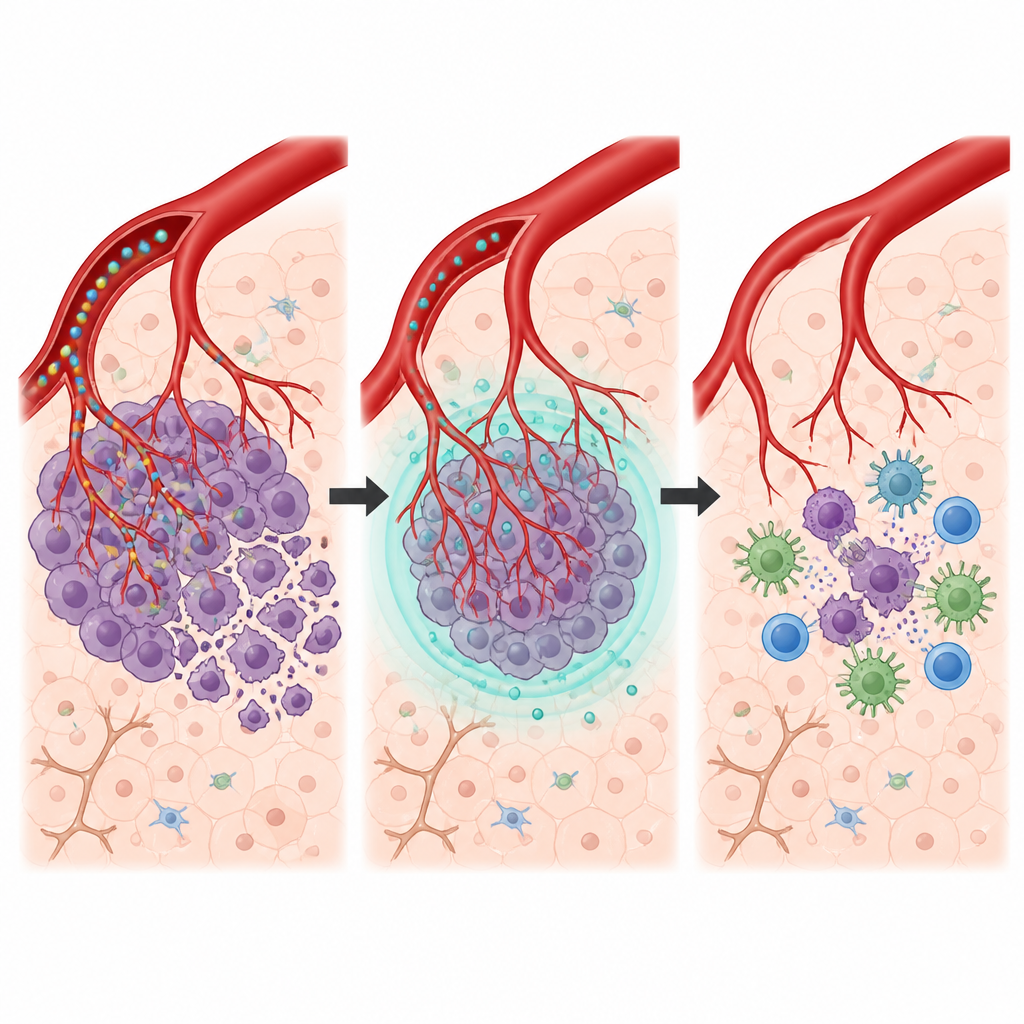 Figure 2. Step by step view of how local chemo, targeted drugs, and immune cells work together to shrink liver tumors.
