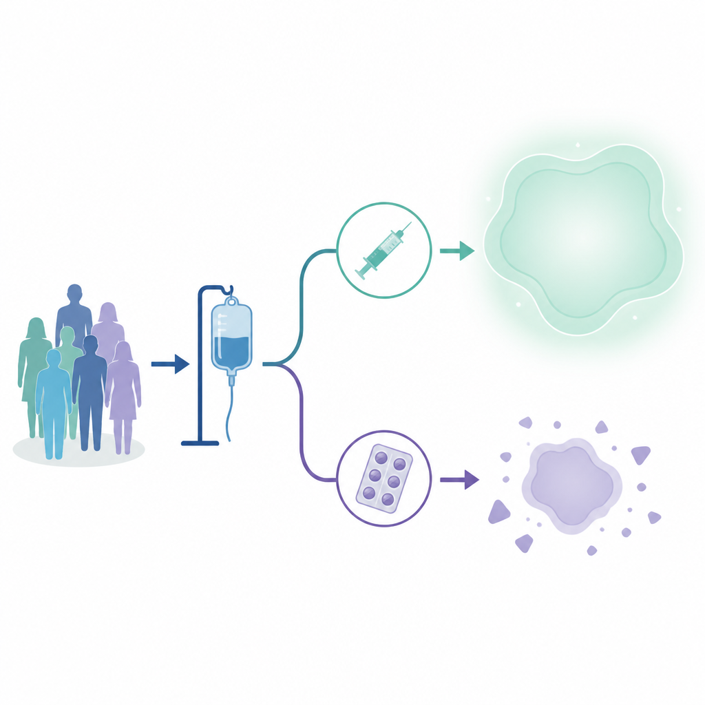 Figure 1. Dopo la chemioterapia iniziale, confrontare due trattamenti di mantenimento per determinare quale mantenga il cancro al seno sotto controllo più a lungo con meno effetti collaterali.