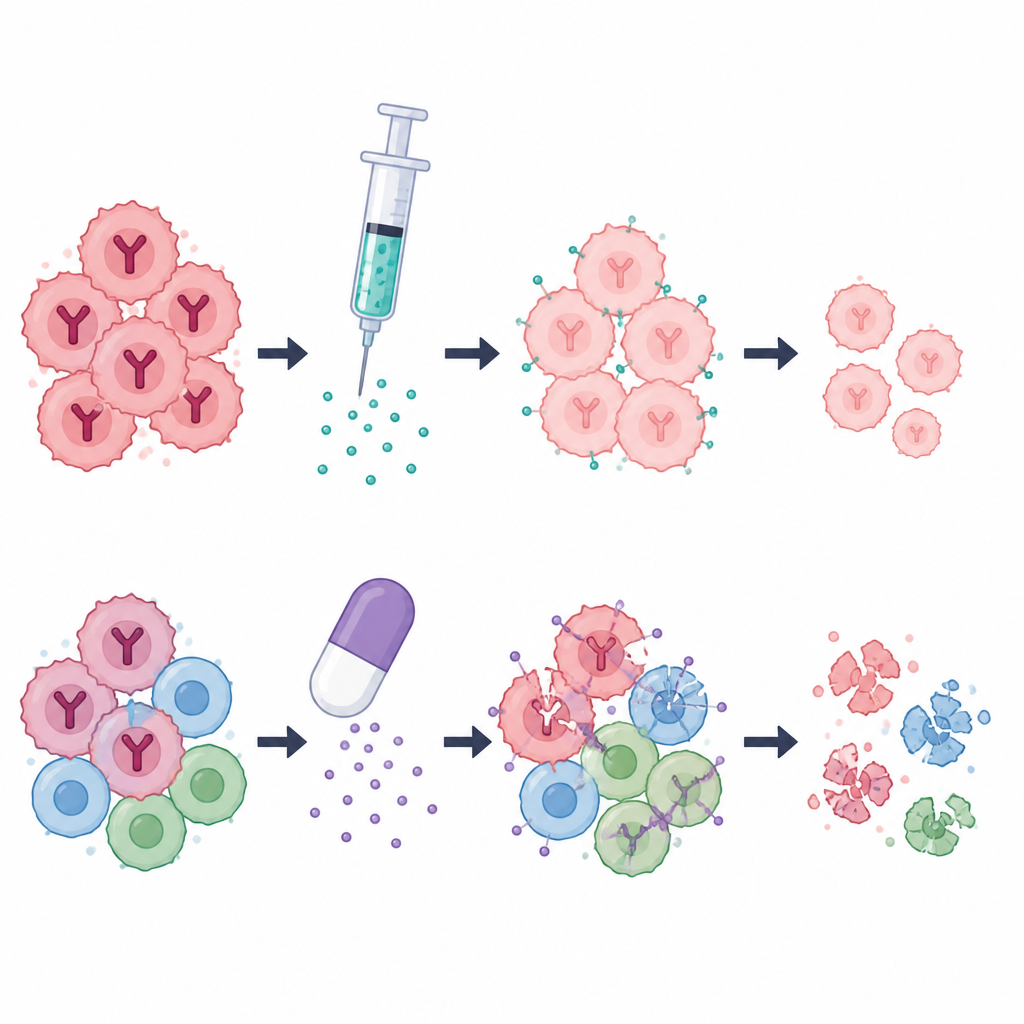 Figure 2. Dimostrare come un’iniezione che blocca gli ormoni colpisca le cellule tumorali in modo più mirato rispetto a una compressa chemioterapica che agisce sia sulle cellule tumorali sia su quelle sane.