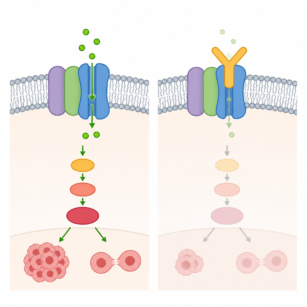 Figure 2. Blocking an ion channel on brain tumor cells disrupts signal flow inside the cell and reduces growth-driving activity.