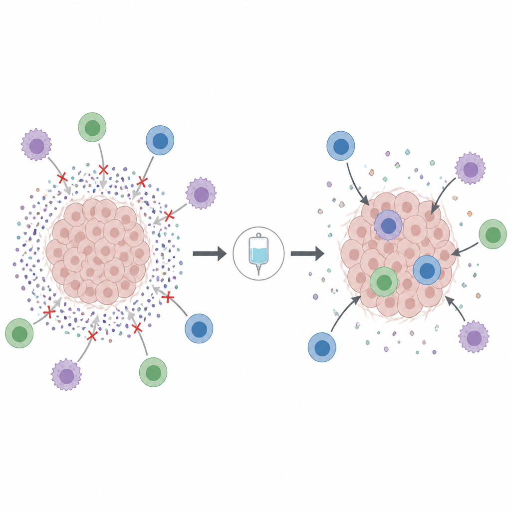 Figure 1. Rompere le “bolle” rilasciate dalle cellule tumorali per permettere alle cellule immunitarie di entrare e attaccare il cancro in modo più efficace.