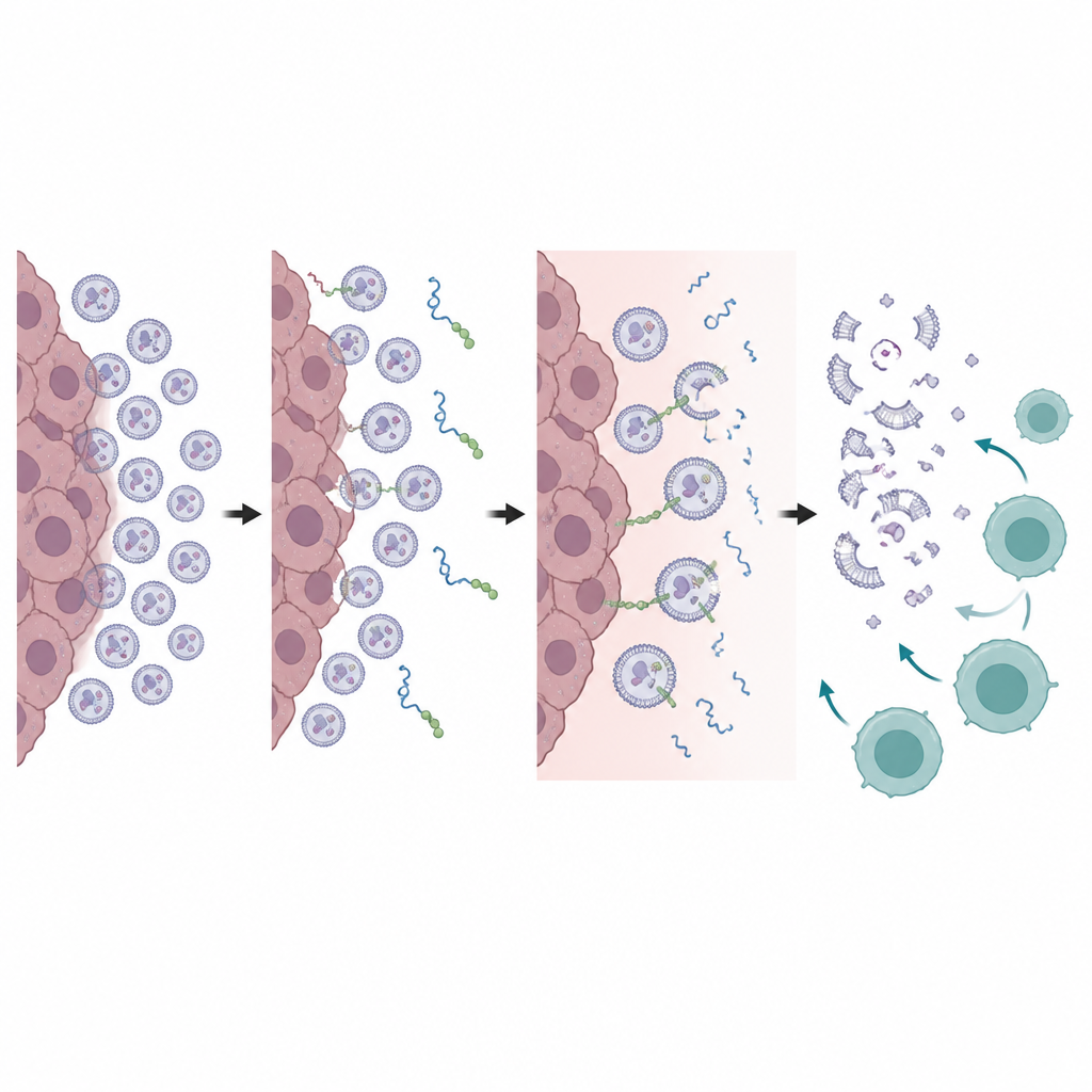 Figure 2. Peptidi attivati dall’acidità che sfilano e fanno scoppiare le vescicole tumorali, liberando le cellule T per muoversi e combattere all’interno del tumore.