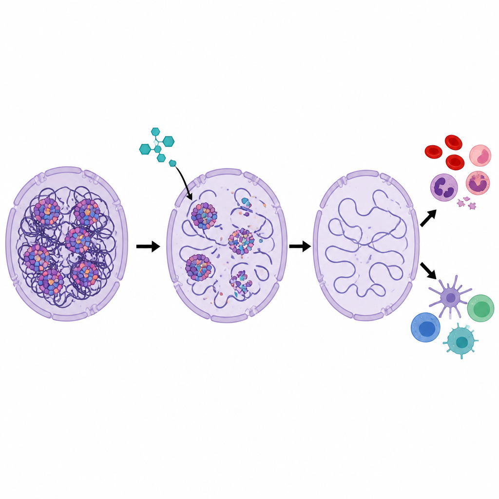 Figure 2. A small molecule disrupts nuclear droplets on DNA, relaxing loops so leukemia cells mature and immune cells can attack.