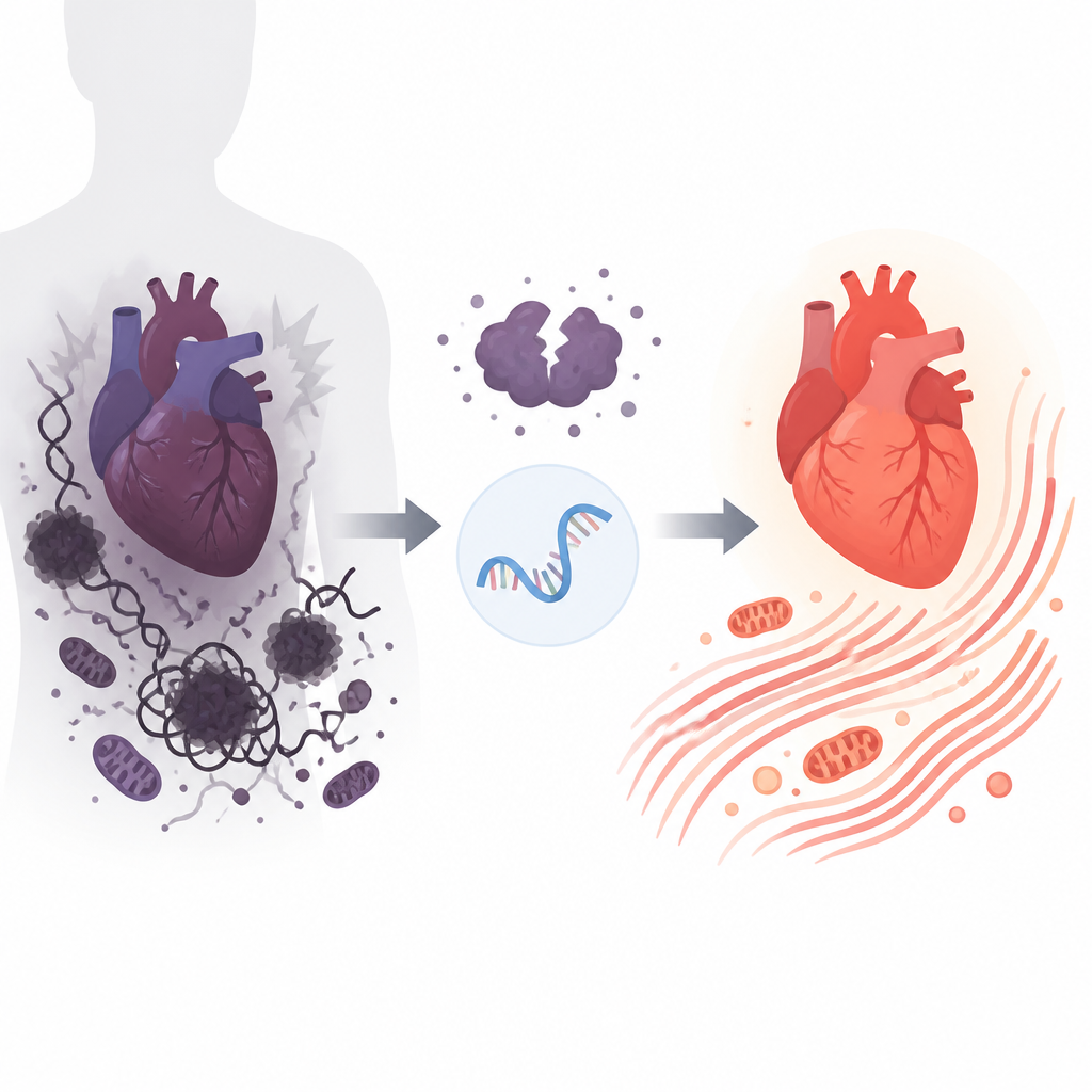 Figure 1. Come una proteina cardiaca difettosa danneggia il cuore e come la terapia a RNA può contribuire a ripristinare cellule cardiache più sane
