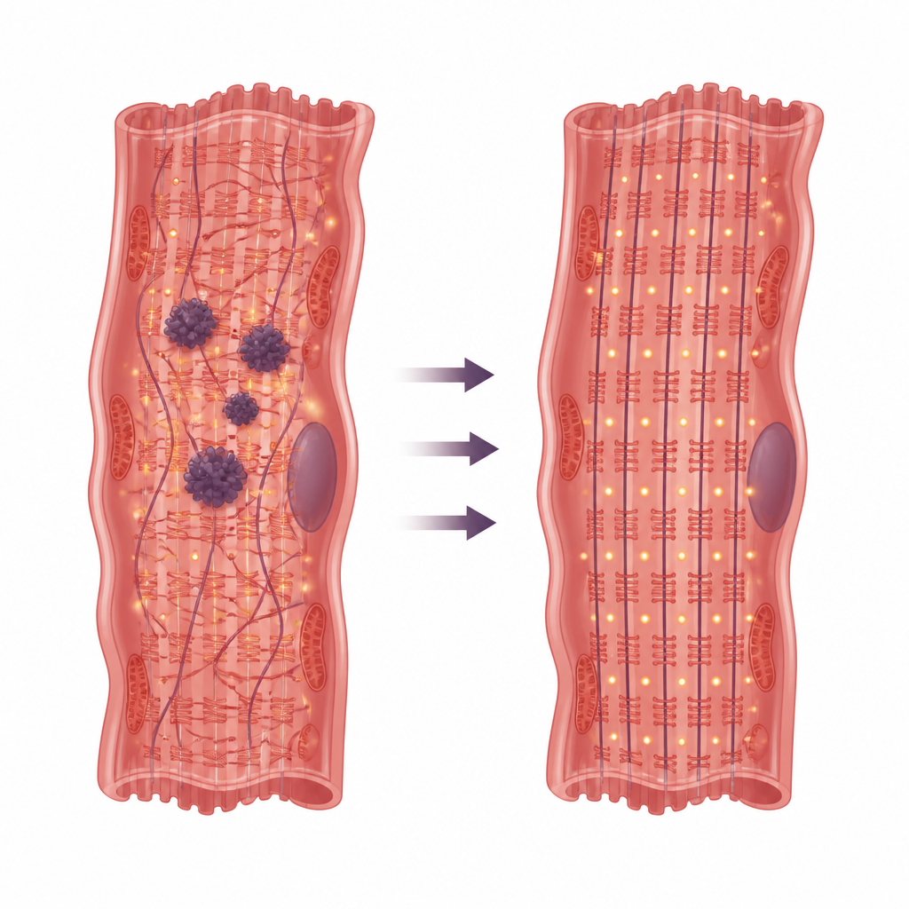 Figure 2. Come la riduzione di una proteina difettosa tramite terapia a RNA regolarizza la struttura delle cellule cardiache e il flusso di calcio per migliorare le contrazioni