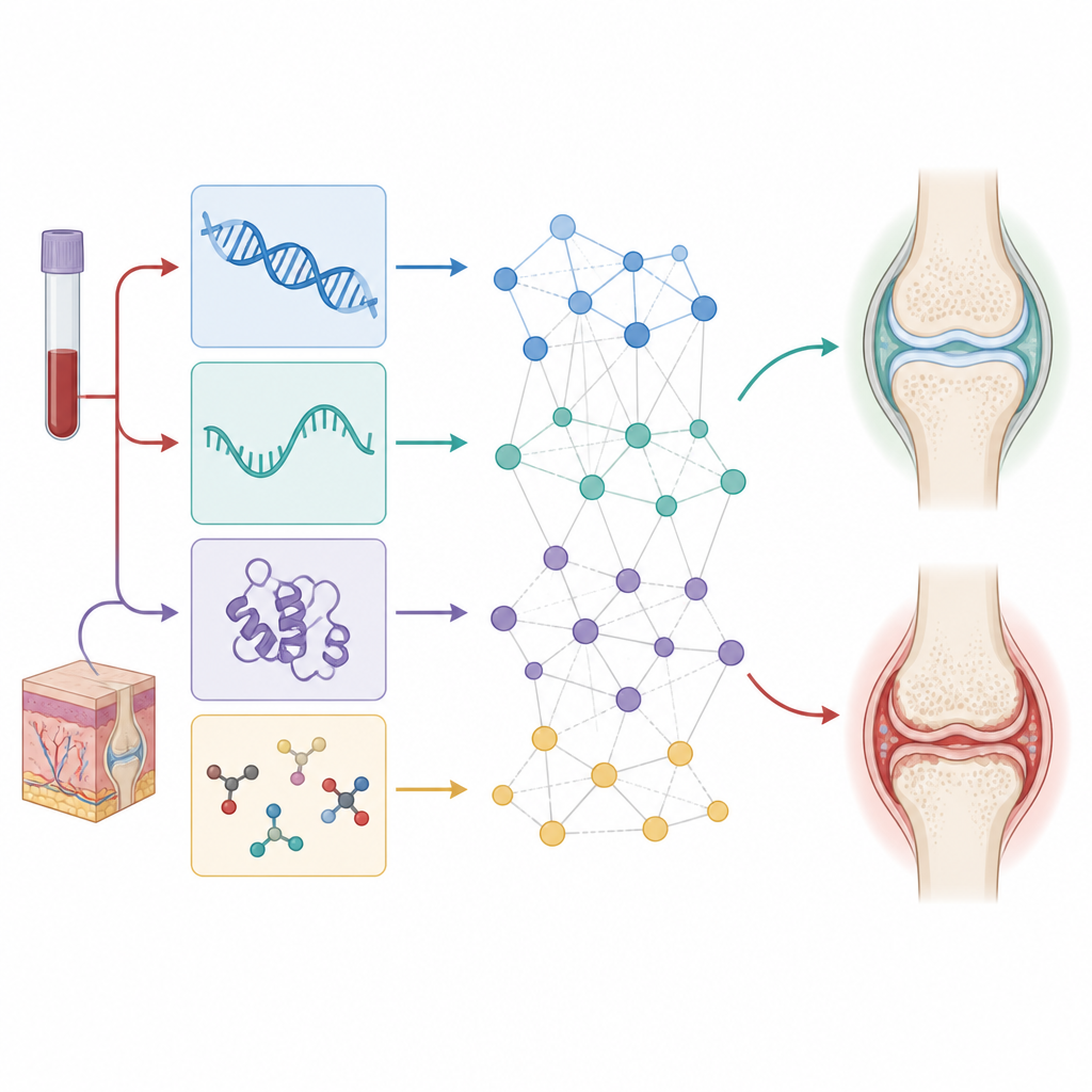 Figure 2. How layers of genetic, RNA, protein and metabolic signals together explain why some joints respond and others stay inflamed.