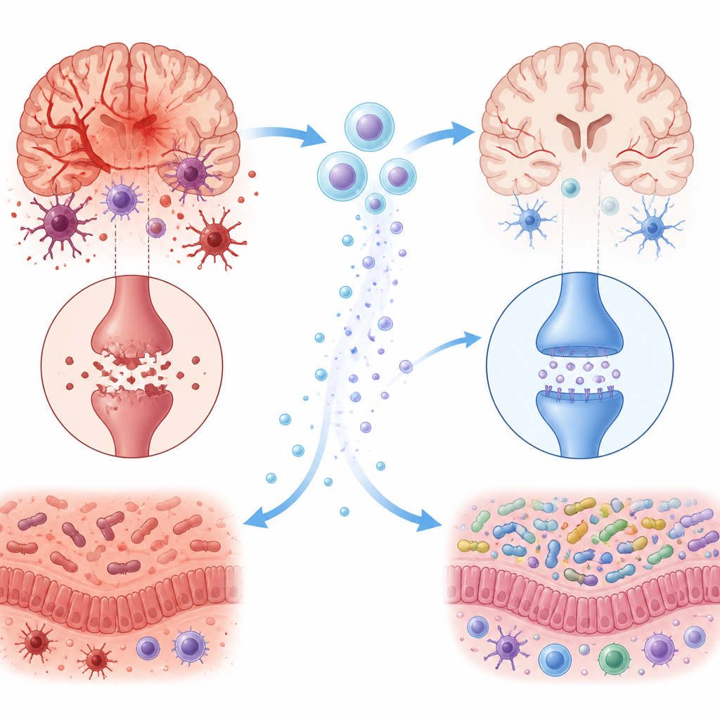 Figure 2. Neural stem cells dampen brain immune activity, repair synapses, and shift gut microbes from harmful dominance to balanced diversity.