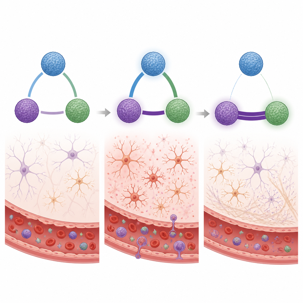 Figure 2. Changing links among a few clotting-related proteins show how loss of balance may relate to emerging psychosis.