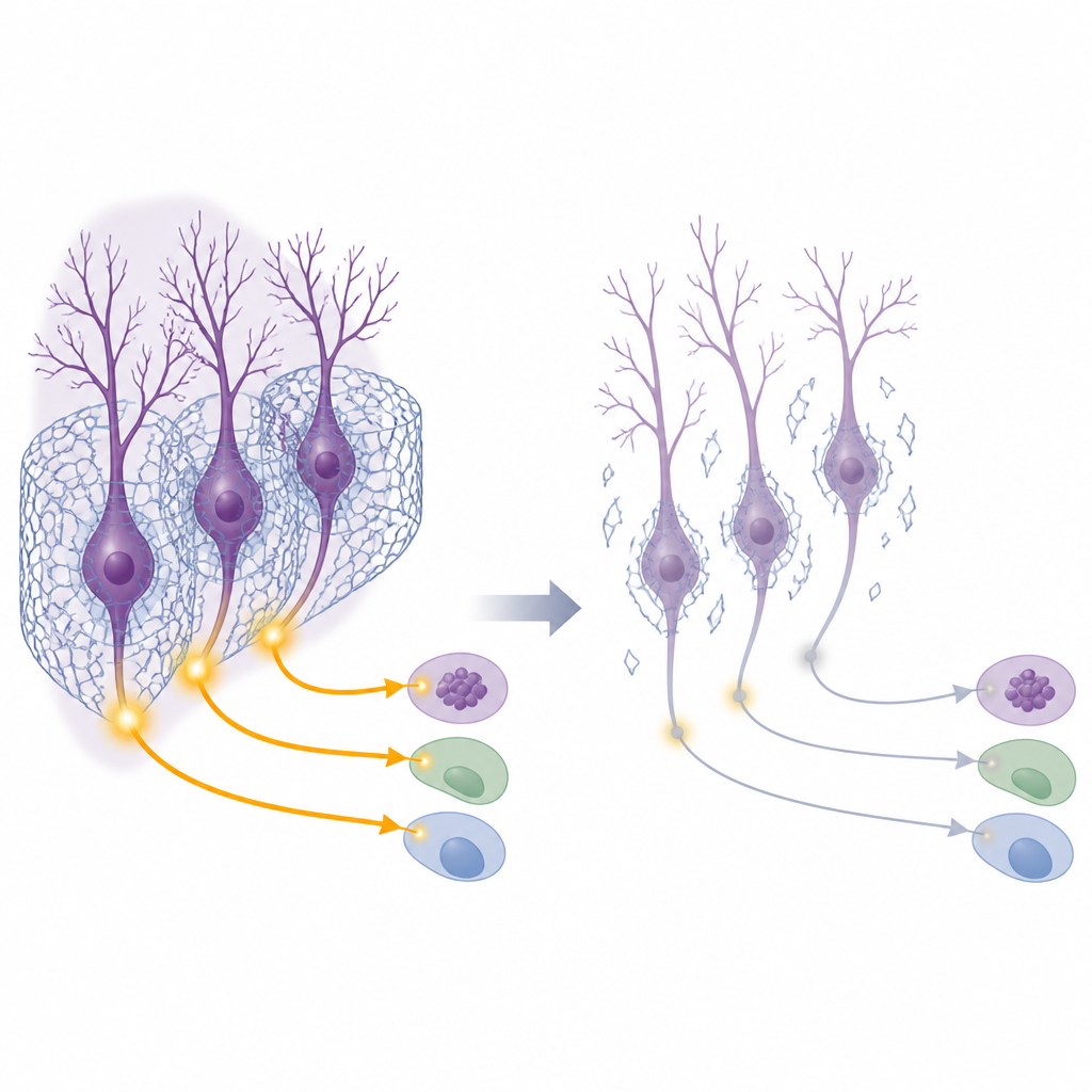 Figure 2. Hoe het beschadigen van neuron-omhullende netten in het cerebellum hersensignalen verzwakt die sociale interactie ondersteunen