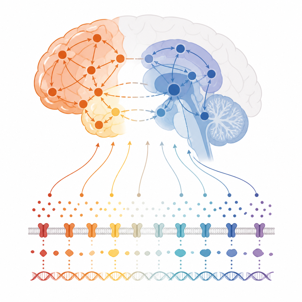 Figure 2. Weakened links between inward thought and action networks in the brain align with specific genes and serotonin receptors.